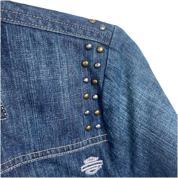 Harley Davidson Womens Embroidered Pearl Snap Button Beaded Denim Shirt Sz Small - Picture 7 of 12